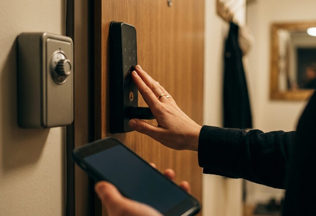 Рука открывает дверь квартиры современным электронным замком, рядом ключ и телефон