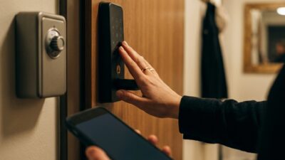 Рука открывает дверь квартиры современным электронным замком, рядом ключ и телефон